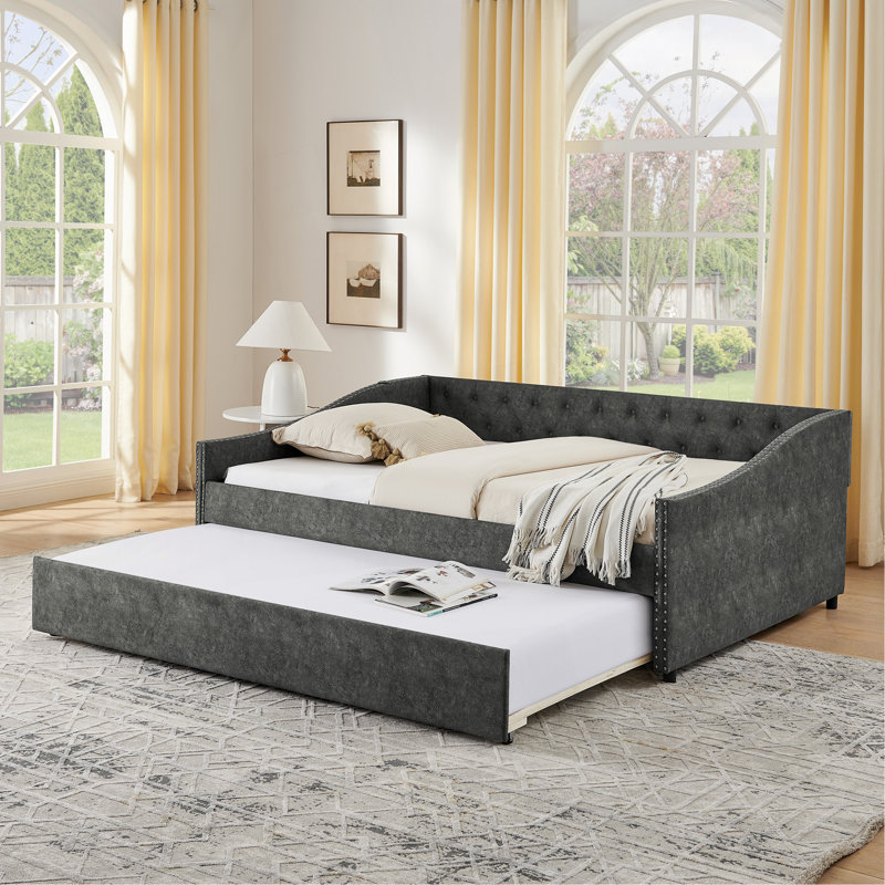 Lit de jour double avec charge USB et lit extensible de taille simple, avec bouton sur le dos et clou en cuivre sur les accoudoirs ondulés