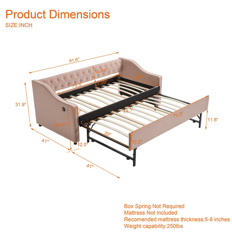 Twin Size Upholstered Daybed with Trundle,USB Port ,Side Pockets,Velvet Daybed with Button on Back and Piping on Waved Shape Arms for Bedroom Guest Room