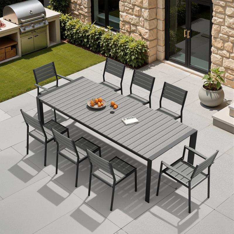 8 - Person Aluminum Patio Dining Set With Stackable Armchairs And Armless Chairs, Dark Gray