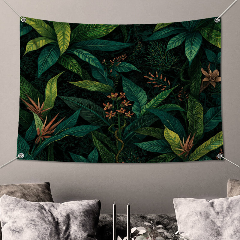 Tapisserie murale «Tropical Greenery Leaves» - Décoration murale tropicale, H 104 po x 88 avec 4 œillets