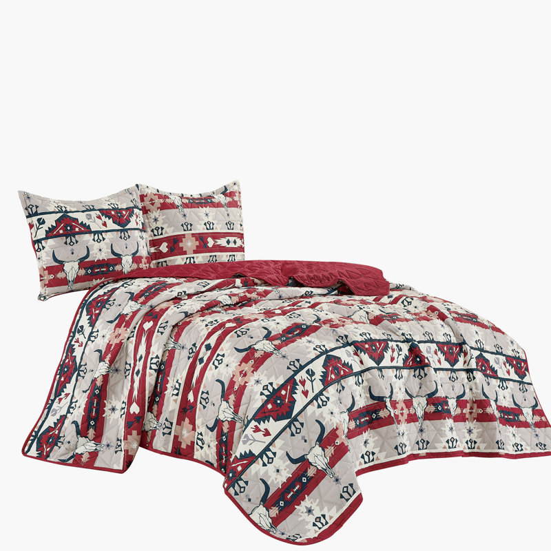 Red Navy Western Bull Skull Aztec Reversible 3 Piece Bedspread Set，Queen, Queen Bedspread + 2 Queen Shams