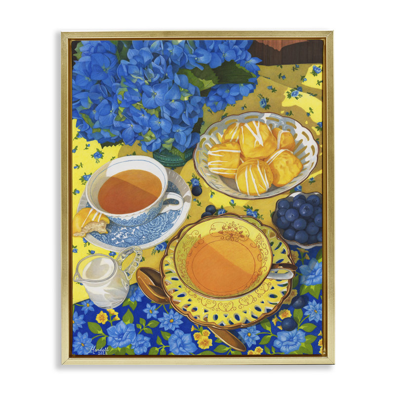 «Blue & Yellow Tea Party», art mural encadré par Mardell Schuster, Cadre flottant métallique doré, H 21 po x l 17 po