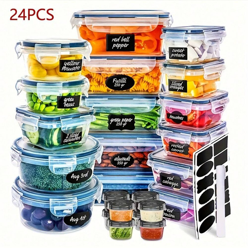 24 pièces de contenants de rangement en plastique à l'épreuve des fuites pour l'organisation de la cuisine, la préparation des repas, le panier repas réutilisable