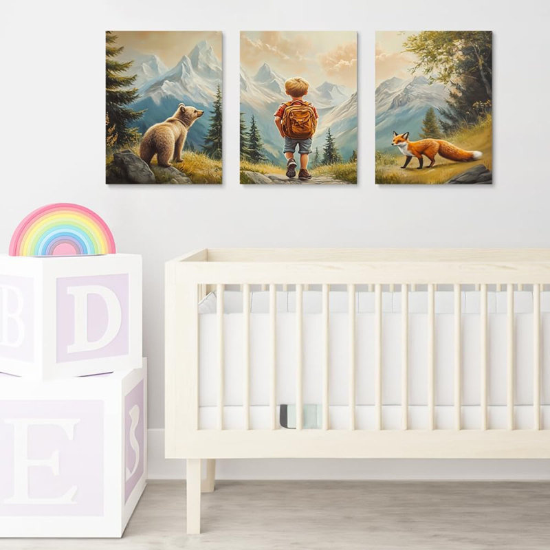 Explorers' Escape Framed Canvas Art Set Of 3, Boy's Adventure With Bear & Fox Prints, Mountainous Landscape Kids Room Decor, Woodland Animal Wall Art For Children's Nursery, Framed 12"X16