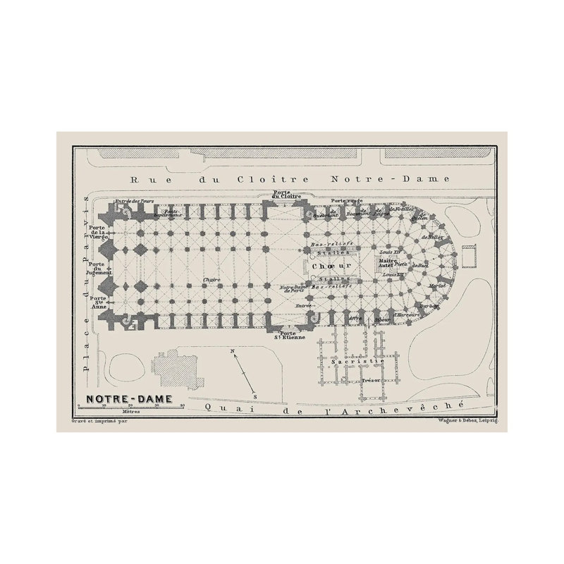 Notre Dame Cathedral Floorplan by Bibliotography - Wrapped Canvas Print, 20.32 cm H x 30.48 cm W