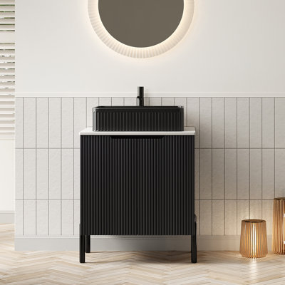 Meuble-lavabo de salle de bain avec lavabo, meuble de rangement autoportant avec 2 portes, lavabo en céramique et comptoir Carrara