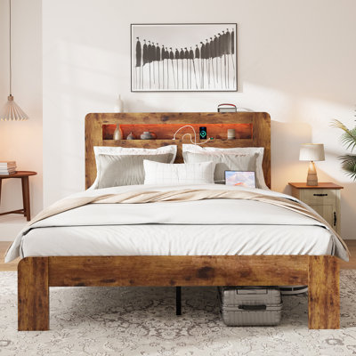 Bed Frame, Wood Platform Bed Frame With Storage LED Light Headboard And 2 USB , Noise Free,No Box Spring Needed And Easy Assembly Tool,Large Under Bed Storage