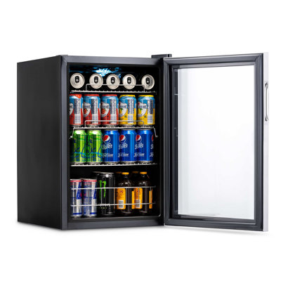 NewAir 90 Can Beverage Refrigerator | 17” Freestanding Small Mini Fridge for Bedroom, Home Bar or Office | Quiet Compressor Cooling & Adjustable Shelves | Stainless Steel