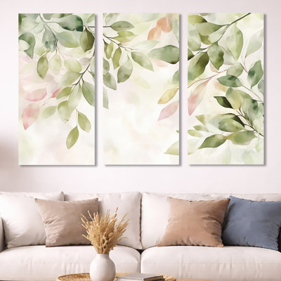 Blush Botanical Leaves In Spring I – Abstract Canvas Wall Art Print Set of 3