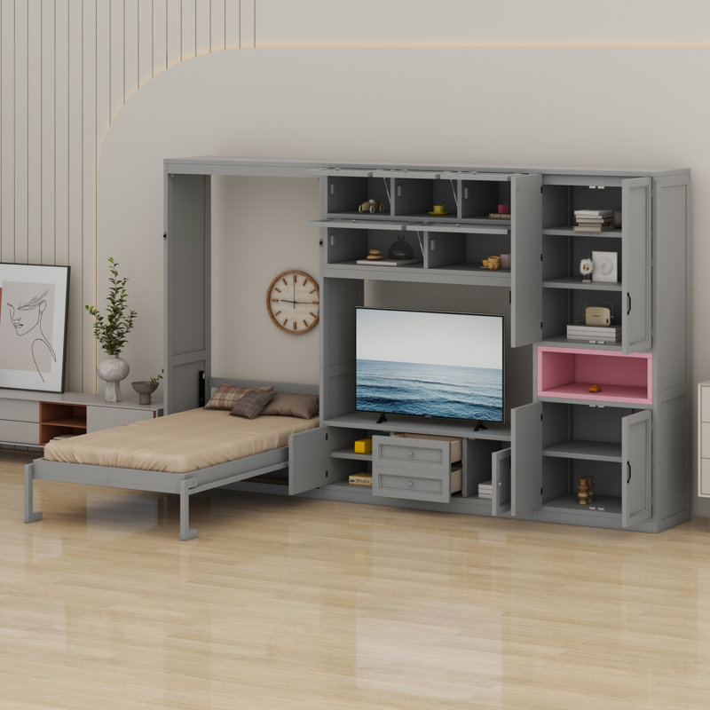 Lit escamotable en bois avec meuble télé, 2 tiroirs, tablettes et armoires, Gris