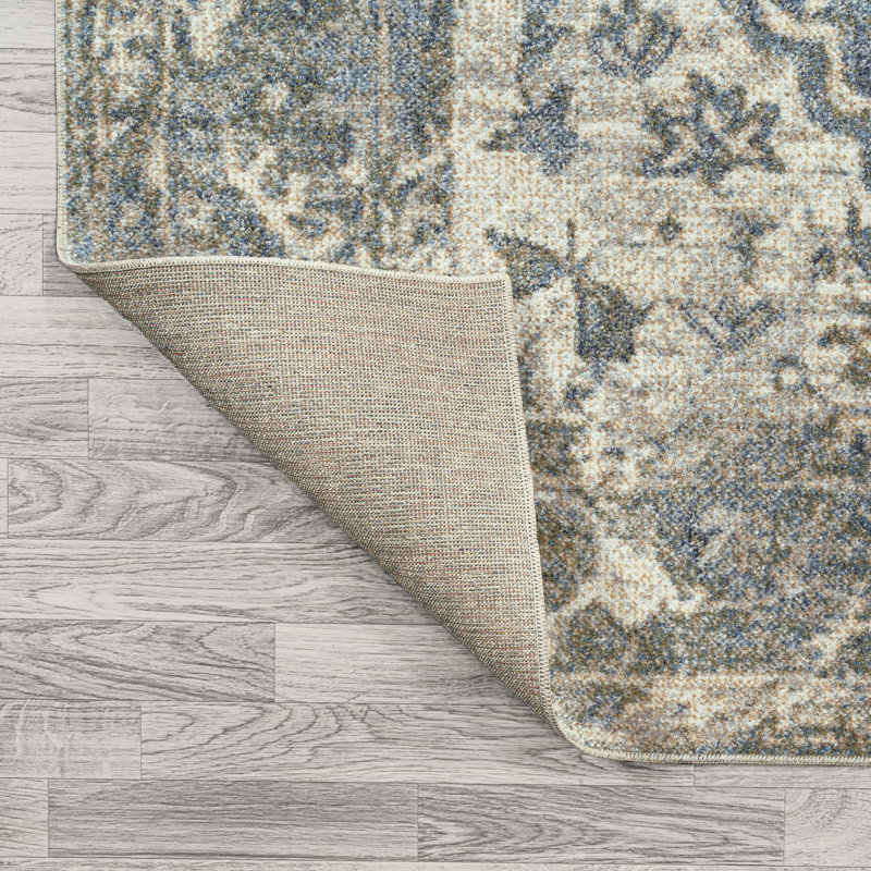 Pavel Distressed Medallion Low-Pile Machine-Washable Blue/Cream Rug, Rectangle 7'10" x 10'