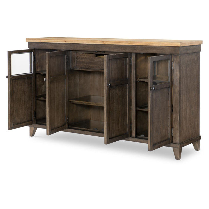Crédence (4 portes, 2 fenêtres en verre avec rondelles, 1 tiroir, 4 tablettes / 1 tablette réglable), Brun/brun clair