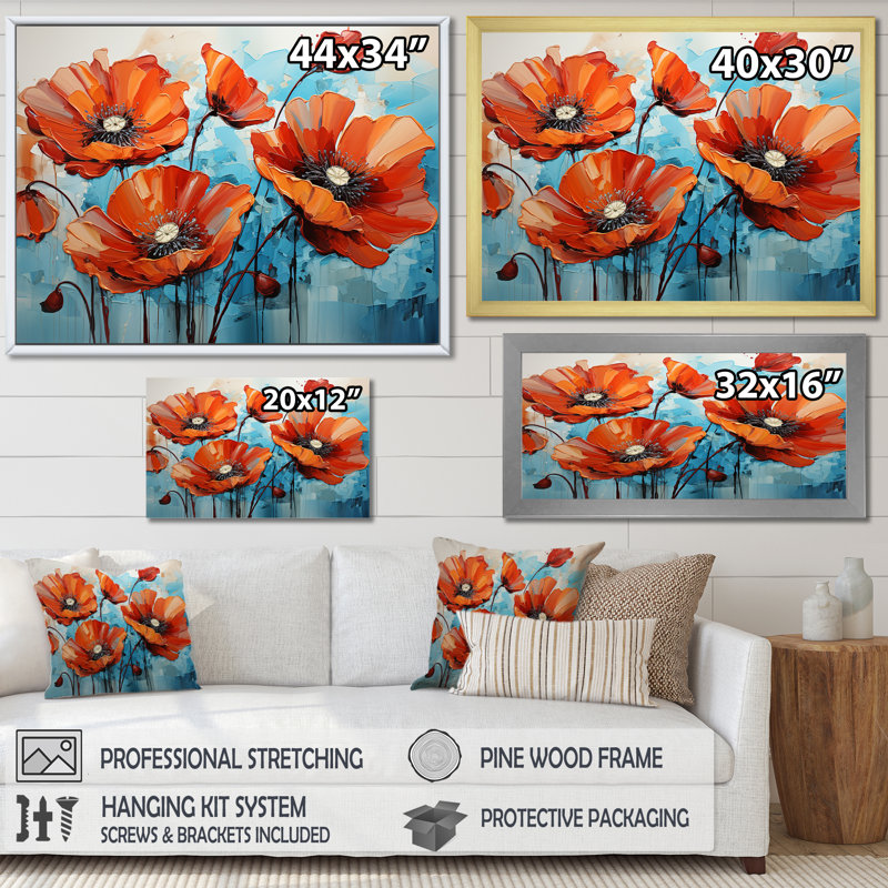 Tranquil Blue and Red Poppies - Art mural coquelicots, H 30 po x l 40 po x P 1,5 po, Toile tendue
