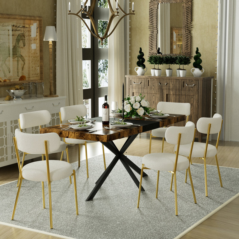 Table de salle à manger rectangulaire extensible de 55,11 po à 70,86 po avec chaises en bois, 7, Blanc / Doré