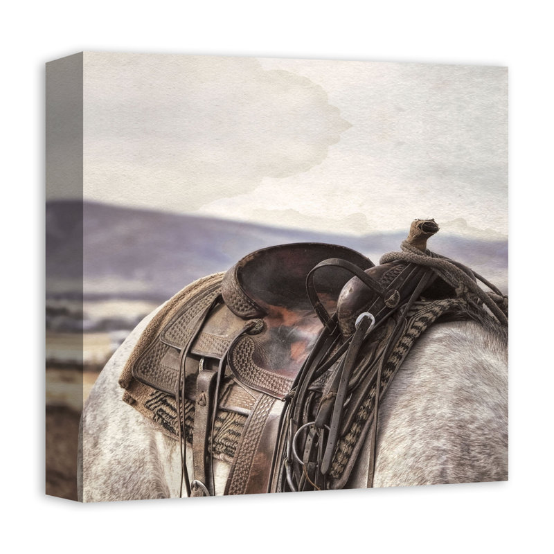 Cheval et selle sur toile, H 12 po x l 12 po x P 1,25 po