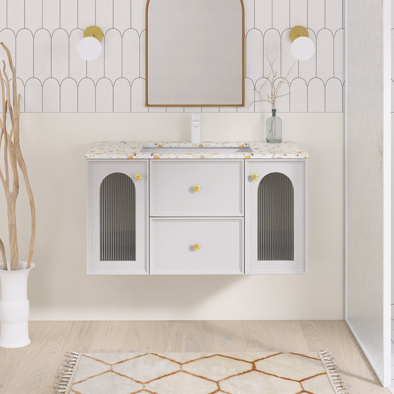 35,98 po X P 19,69 po X P 21,34 po Meuble-lavabo mural simple H gris avec plateau en terrazzo blanc