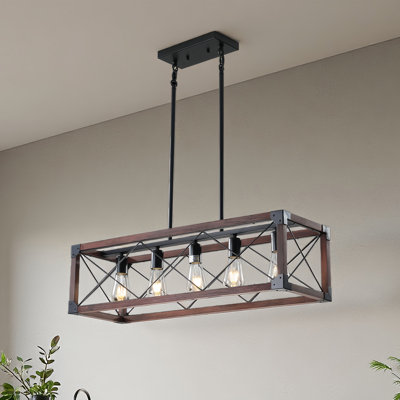 Lustre en cage linéaire rustique 5 lumières 32 po avec cadre en bois et tige en métal pour îlot de cuisine (ampoules non incluses)