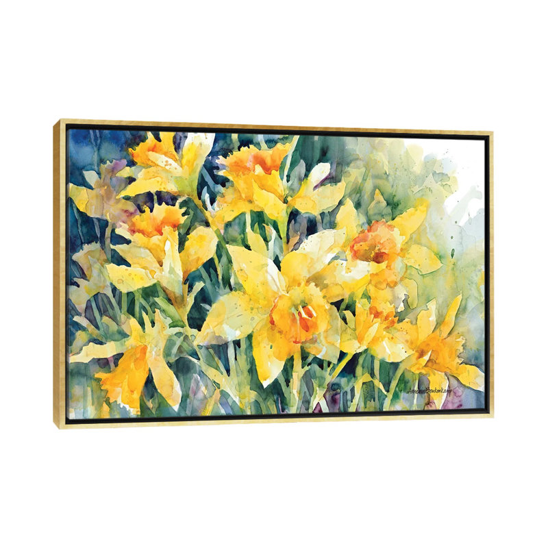 «Daffodil Party» par Annelein Beukenkamp - reproduction d'art, Aucun mat, H 26 po x l 40 po x 1,5 po, Toile encadrée d'or
