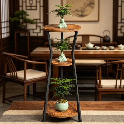 3 Tier Plant Stand For Indoor Plants, Round Corner Shelf With Metal Frame And Wood Shelves, Tall Plant Holder Rack For Living Room, Balcony, And Patio Decor