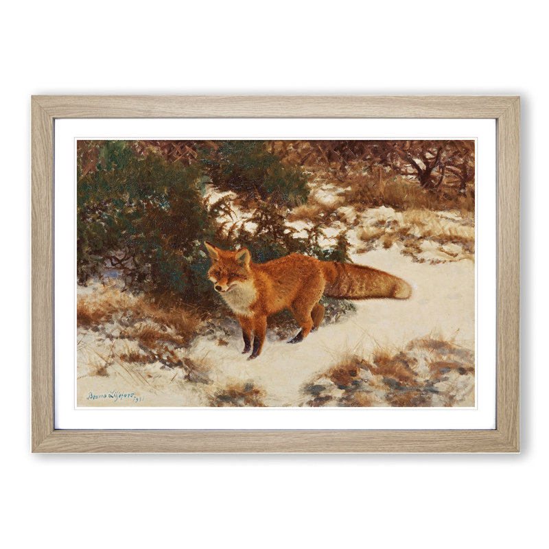 Fox in the Snow Vol.9 by Bruno Liljefors - Picture Frame Painting, 36cm H x 48cm W x 2cm D, Oak Framed