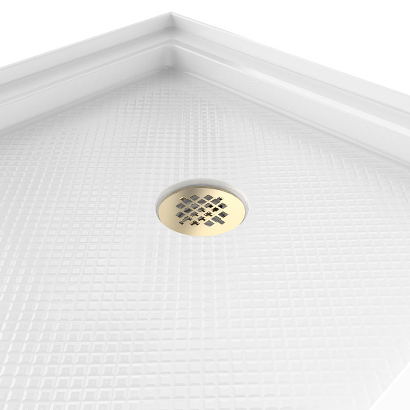 DreamLine SlimLine 32 inch D x 60 inch W x 2 3/4 inch H Single Threshold White Alcove Shower Base with 2 inch Polished Brass Right Round Drain