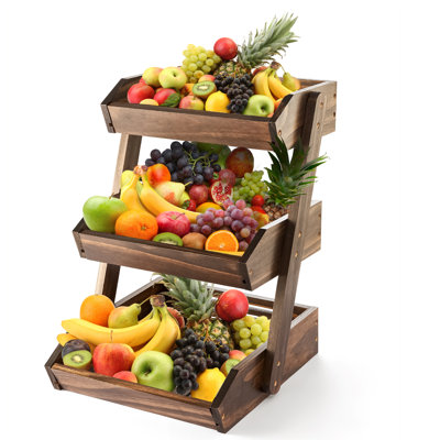 Panier à fruits, bol à fruits, panier à fruits à 2 niveaux pour la cuisine, support de rangement pour support à fruits, grande capacité / polyvalent / grande capacité pour les fruits, les légumes, rangement pour le pain (noyer, 3 niveaux)
