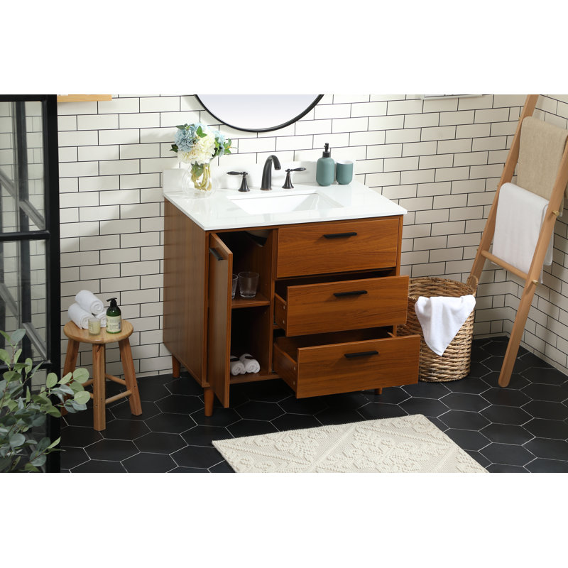 Baldwin 36'' Single Bathroom Vanity with Engineered Marble Top, Teak