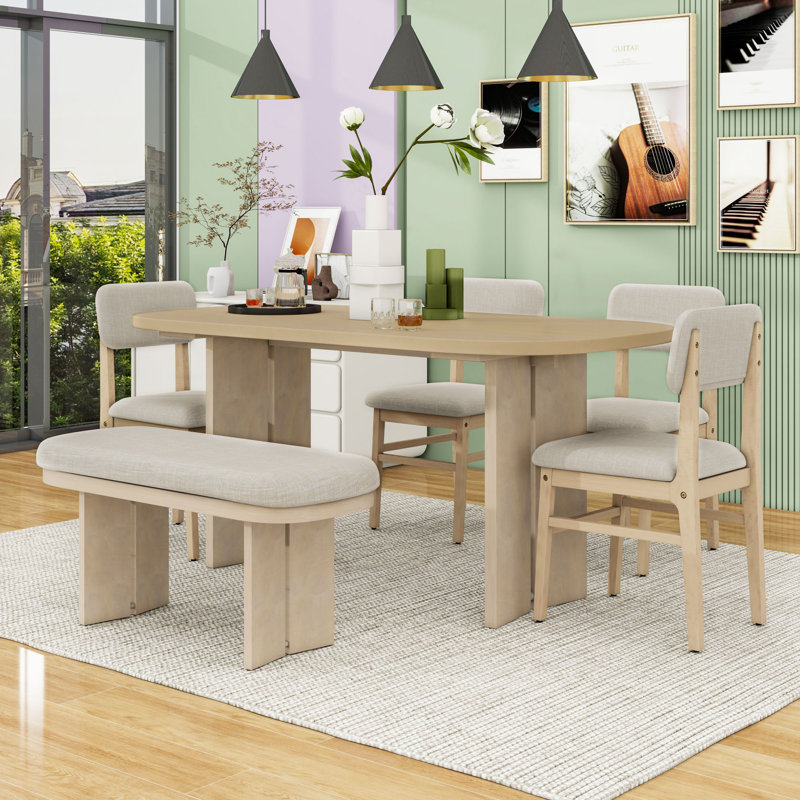 Ensemble de table de salle à manger en bois massif avec banc - Ensemble de table de salle à manger rembourré 6 pièces avec banc, mobilier de cuisine de ferme moderne bicolore pour les réunions de famille