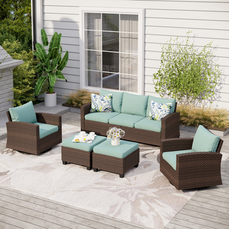 5 - Person Outdoor Wicker Patio Conversation Set with Swivel Chairs, Blue, No