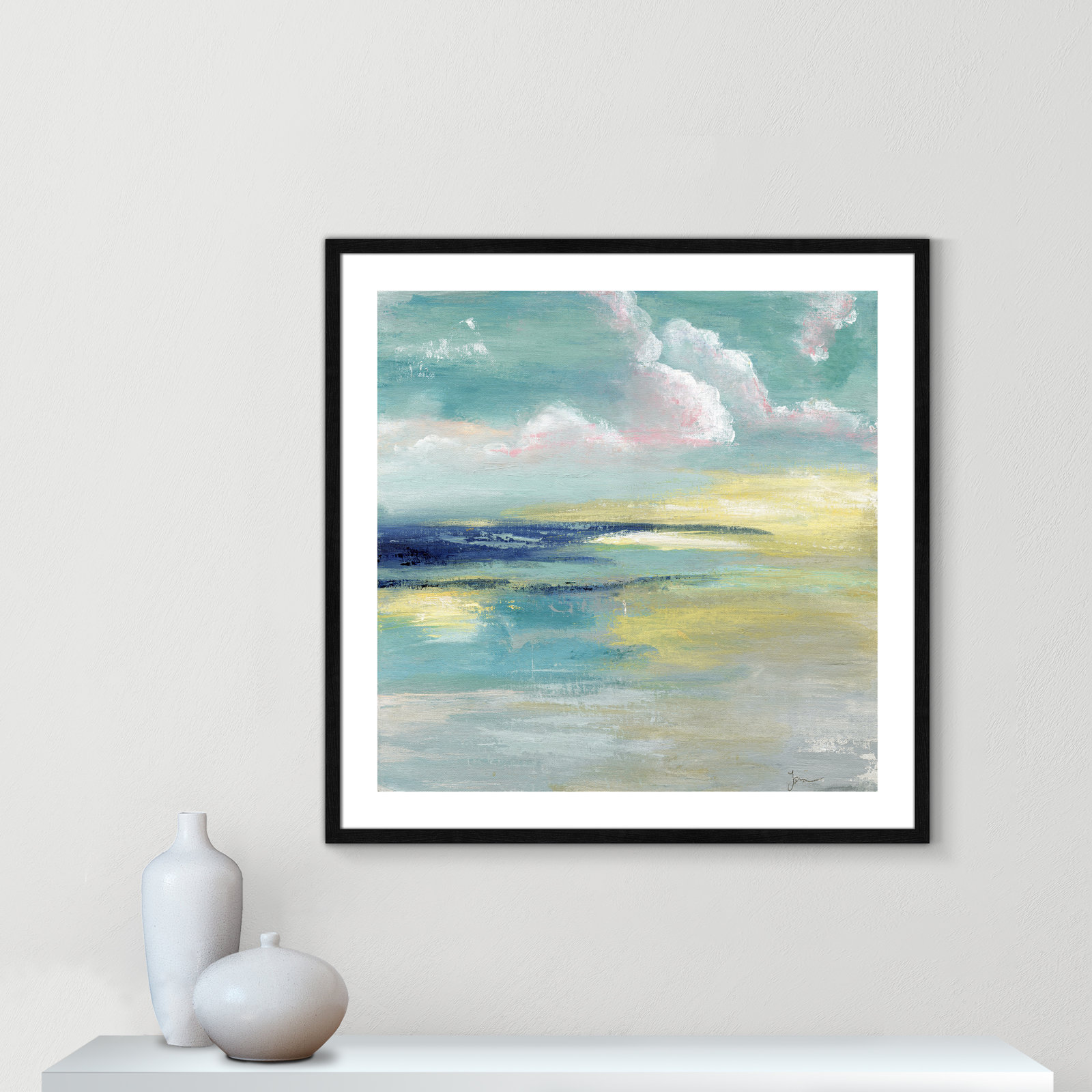 Bertie "Ocean View" Painting by Tava Studios, 33.25" H x 33.25" W x 0.75" D, Black Wood Framed Paper