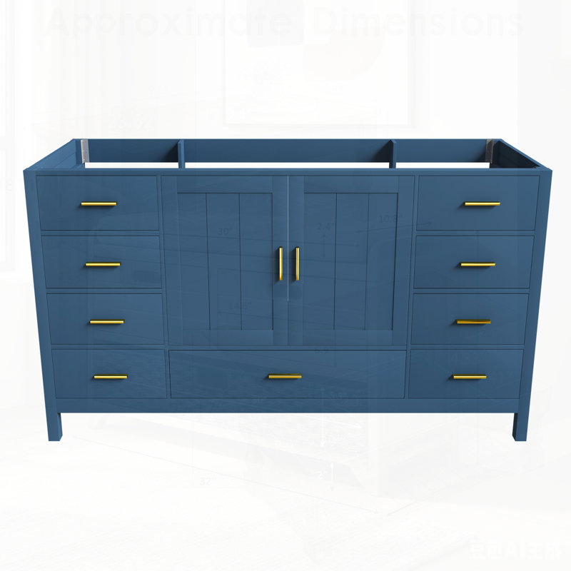Base de meuble-lavabo avec 2 portes doubles à fermeture en douceur, 1 grand tiroir, 6 petits tiroirs et 2 petits compartiments de rangement rabattables