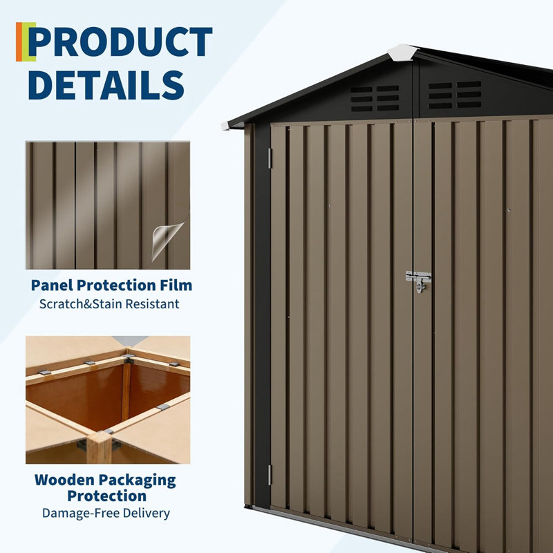 6 ft. W x 4 ft. D Outdoor Metal Storage Shed with Sloping Roof & Double Door, Brown, Brown