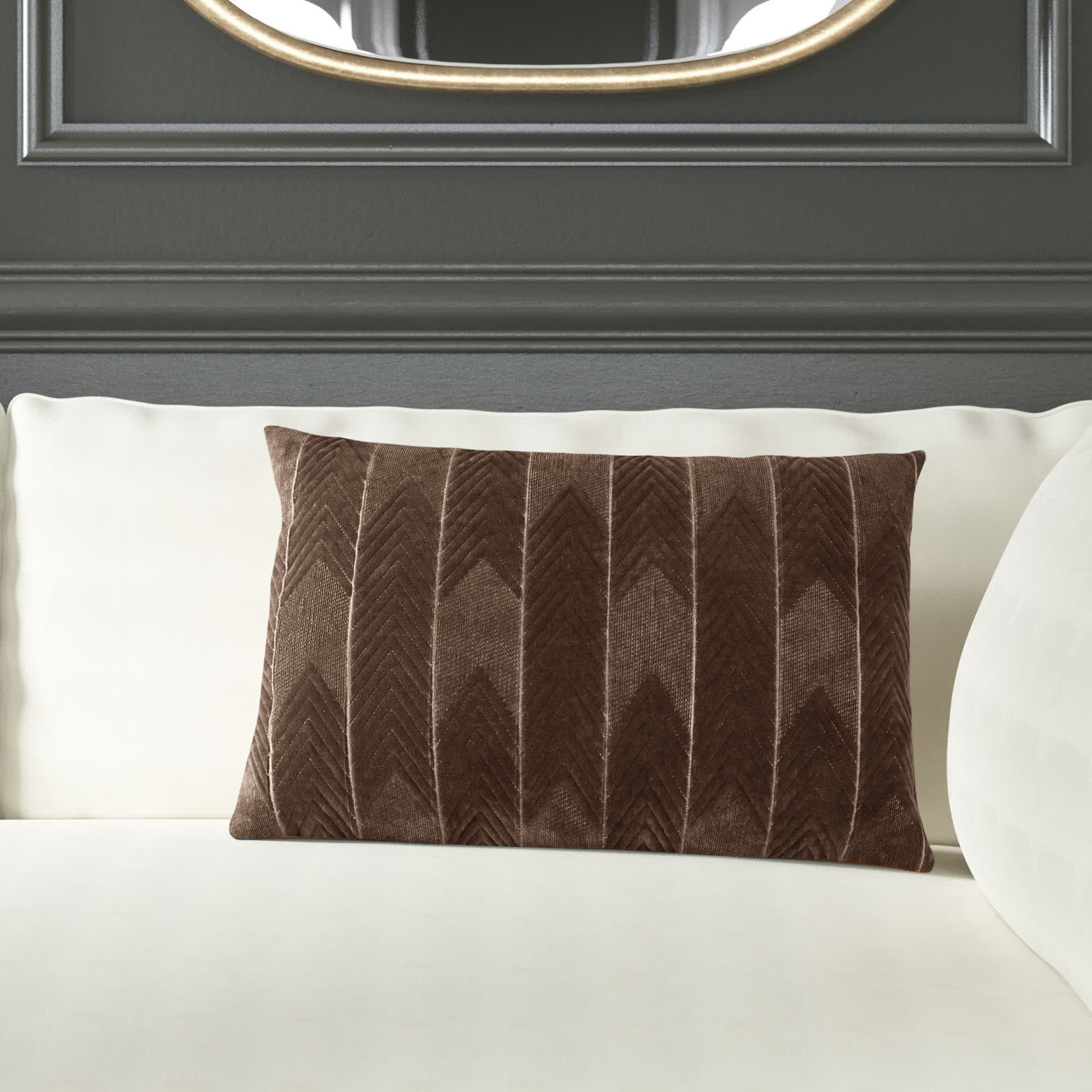 Ryans Embroidered Cotton Lumbar Throw Pillow, Dark Taupe Chevron, Pillow Cover Only - No Insert, Rectangle 16" H x 24" W