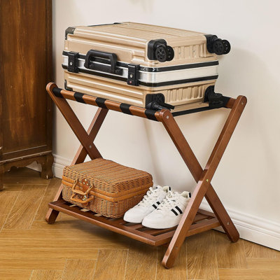 Bamboo Folding Suitcase Stand With Storage Shelf
