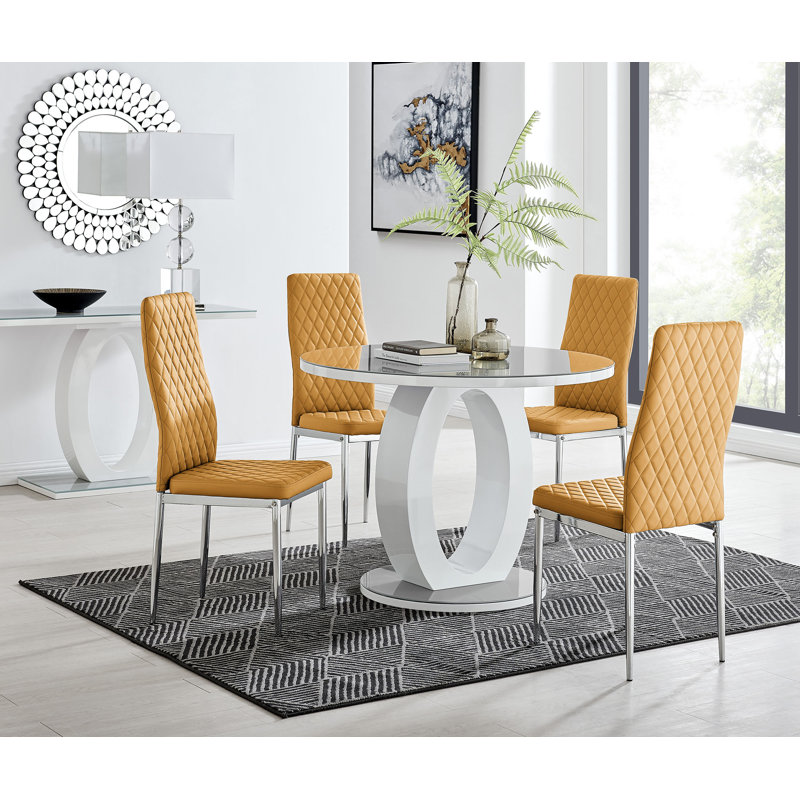 Scottsmoor 4 Seater High Gloss Round Dining Table Set with 4 Luxury Faux Leather Dining Chairs, Mustard Yellow, Gray/White