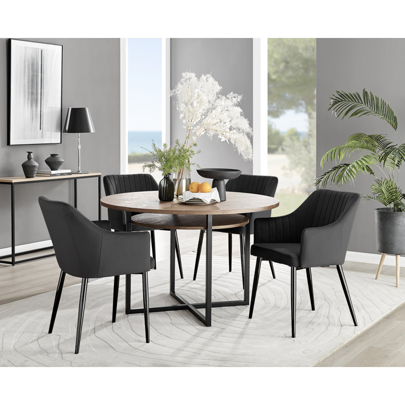 Adler Round Dining Table Set with Shelf & 4 Luxury Modern Velvet Dining Chairs, Black, Brown