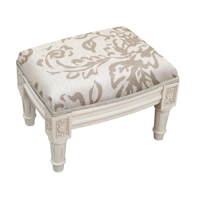 Camary Upholstered Ottoman, White, Taupe Painterly Toile Linen Blend