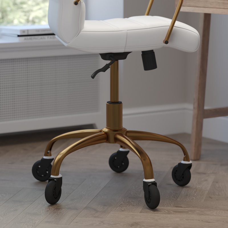 Mid-Back Executive Swivel Office Chair with Arms, and Transparent Roller Wheels, White, Gold