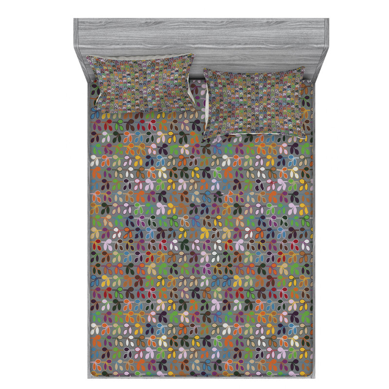 Leaves Microfiber Floral Fitted Sheet, Full/Double Fitted Sheet with 2 Pillowcases