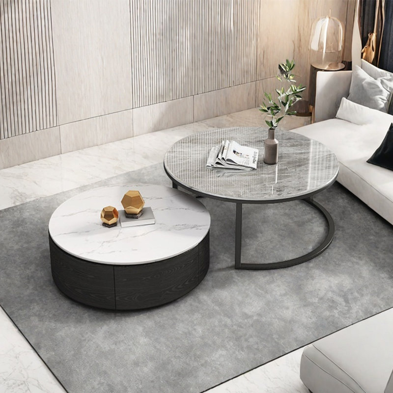 Round rock slab coffee table combination, White/Gray