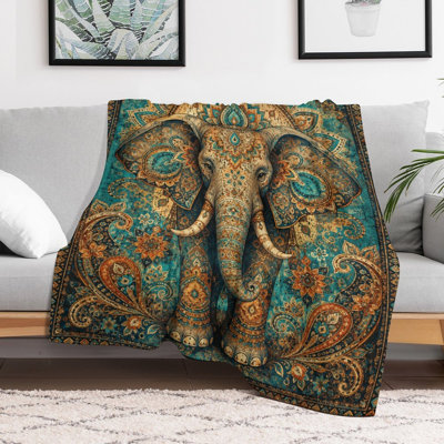Elephant Mandala Pattern Artistic Design Colorful Ornate Background Luxury Flannel Throw Blanket, Soft Warm Fuzzy Blanket for Living Room Sofa Bed Home Decor