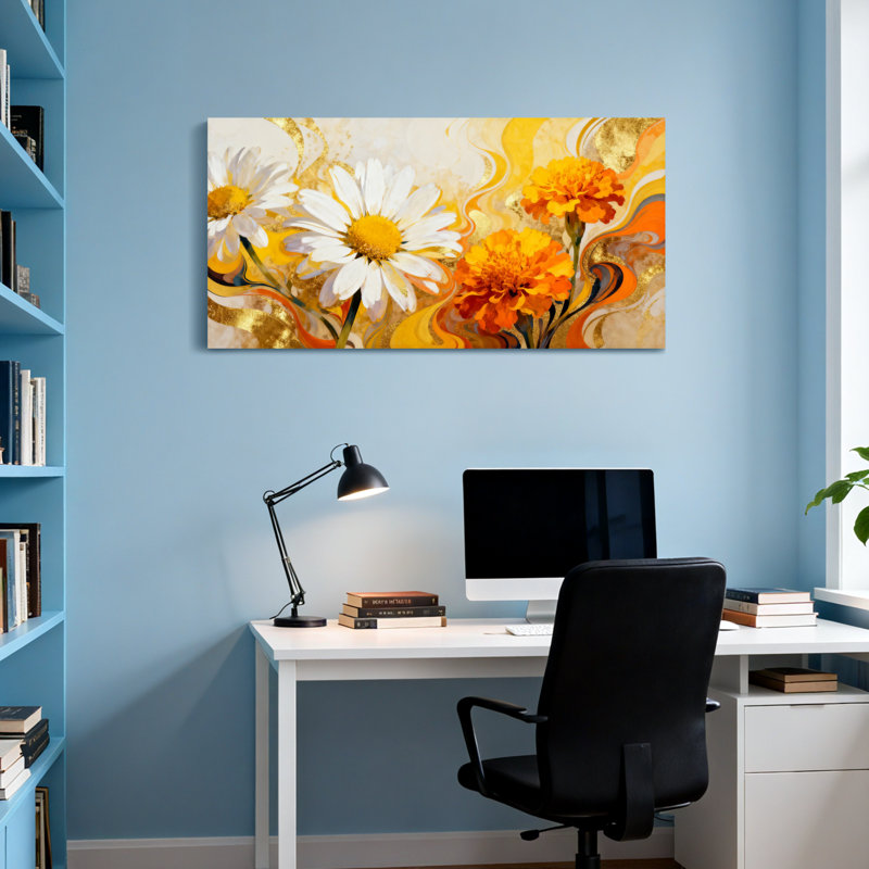 Plantes et fleurs, art abstrait marguerite dorée sur toile, H 20 po x l 40 po