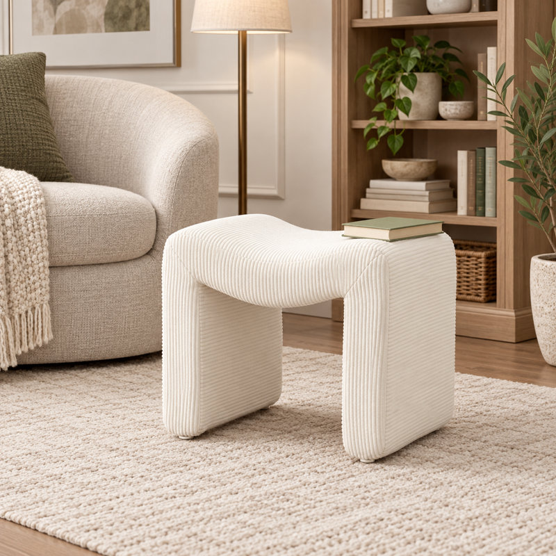 Repose-pied ottoman en forme de M de 18,7 pouces pour utilisation à l'intérieur, Velours côtelé crème