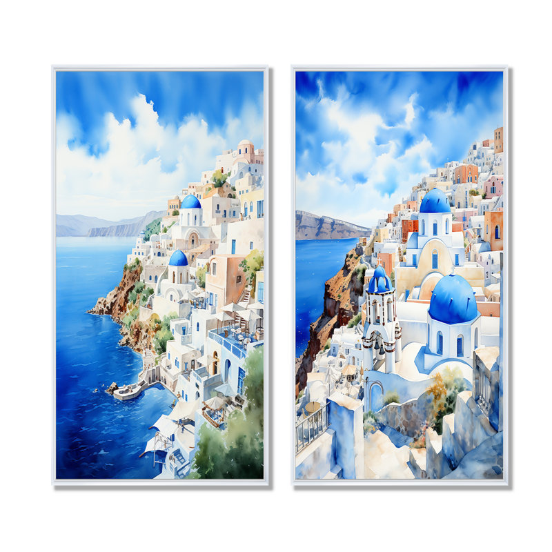 Village côtier de Santorin en Grèce I - Grèce, ensemble de 2 impressions sur toile, Cadre blanc, H 32 po x l 33 po