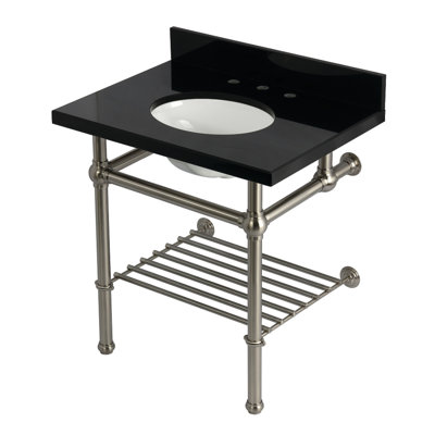 Kingston Brass Templeton 30-Inch Black Granite Console Sink with Brass Legs and Shelf (8-Inch, 3-Hole)