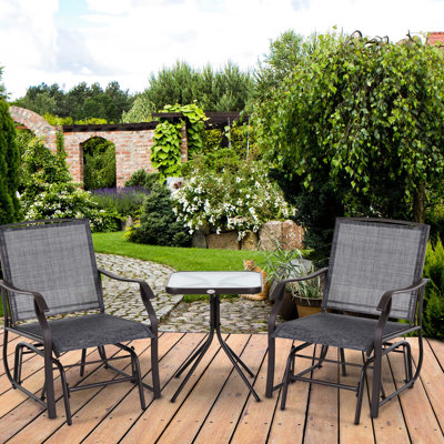 Ensemble de 3 chaises et chaise berçante d'extérieur avec table basse - gris et 2 chaises berçantes Gris. Tissu, verre robuste pour la cour, le jardin et le porche. Acier