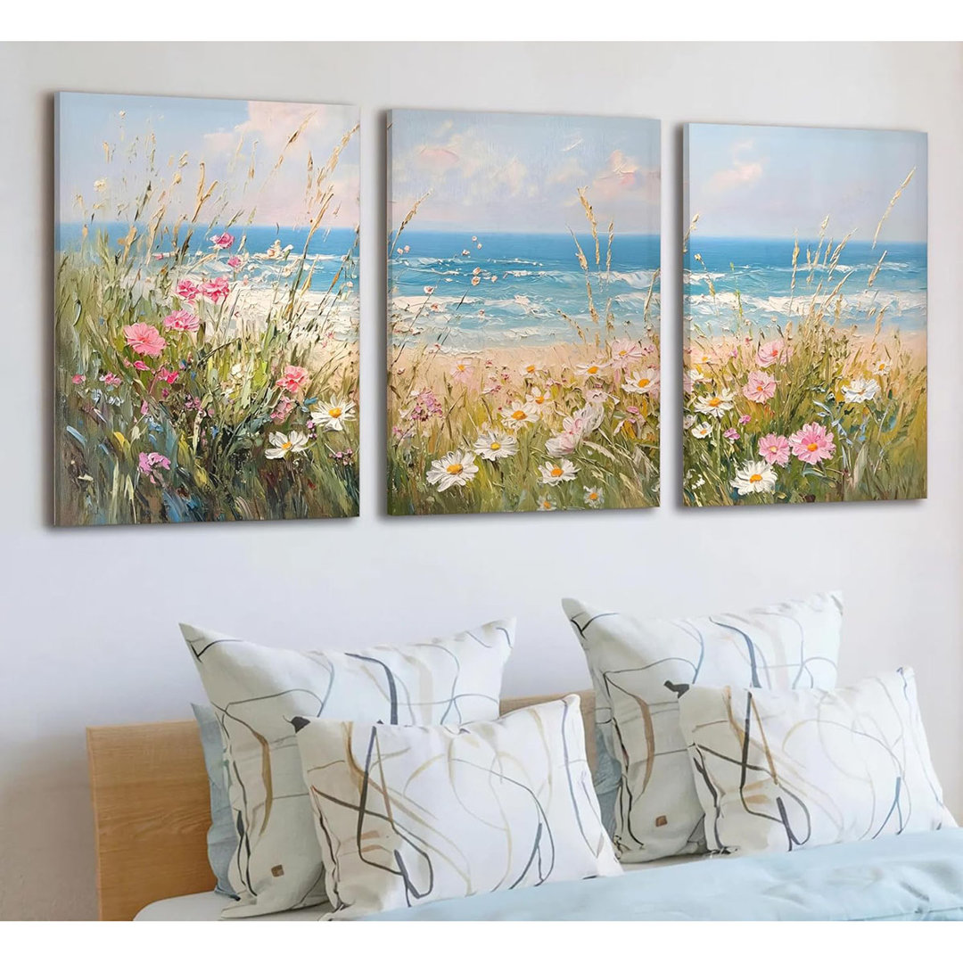 Coastal Wildflowers Wall Art Blue Ocean Landscape Wall Decor Flower Seascape Summer Painting Picture Beach Daisy Floral Poster Prints Artwork for Livi