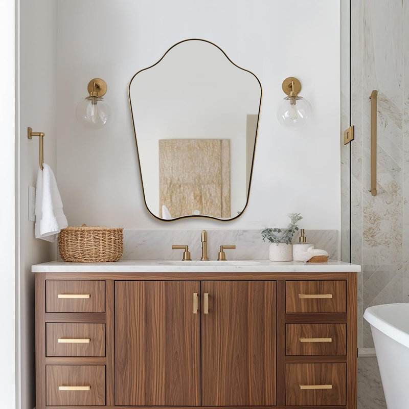 Miroir de salle de bain Contemporary Cadre en acier inoxydable, 32 po x 24 po, Or brossé