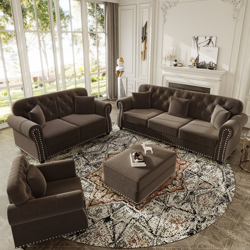 4 - Piece Chesterfield Living Room Set, Brown