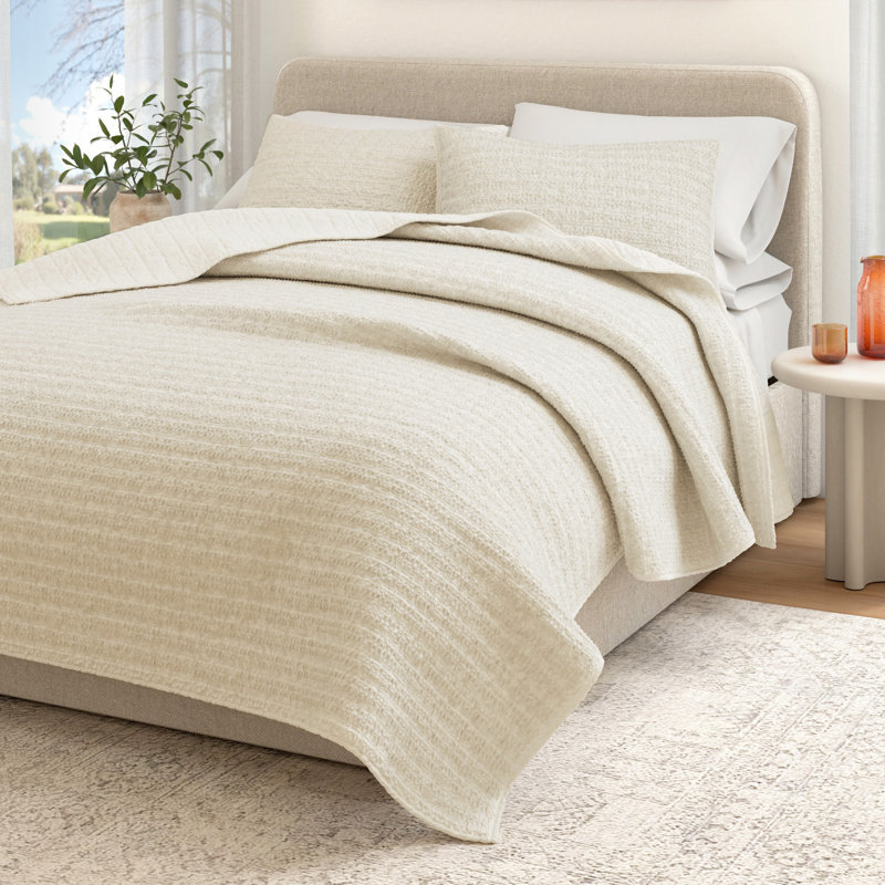 Ensemble de courtepointe et couvre-oreiller 100% coton délavé en nid d'abeille gaufré, Naturel